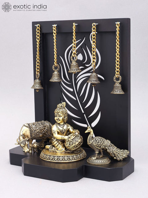 12" Superfine Butter Krishna with Cow and Peacock | Brass Statue with Designer Wood Frame