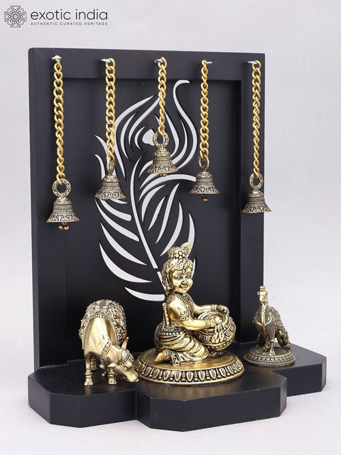 12" Superfine Butter Krishna with Cow and Peacock | Brass Statue with Designer Wood Frame