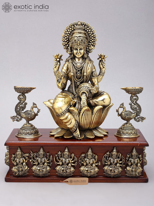 11" Ashtalakshmi Brass Statues on Wood Base with Peacock Lamps