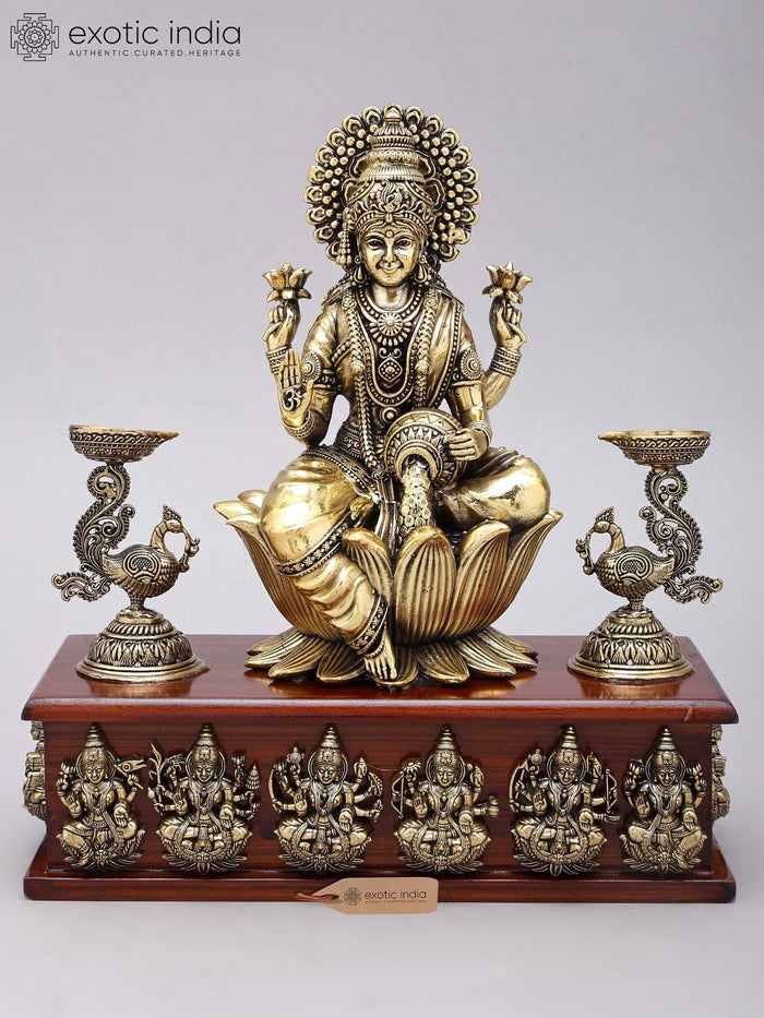 11" Ashtalakshmi Brass Statues on Wood Base with Peacock Lamps