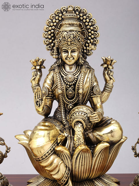 11" Superfine Ashtalakshmi Statues in Brass on Wood Base with Peacock Lamps