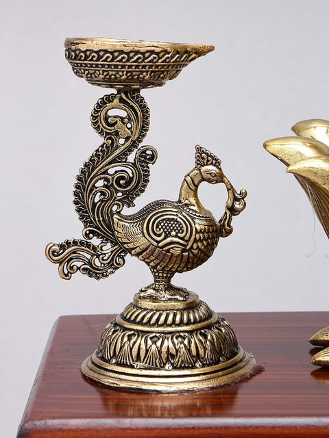 11" Superfine Ashtalakshmi Statues in Brass on Wood Base with Peacock Lamps