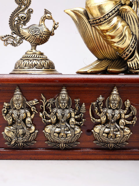 11" Superfine Ashtalakshmi Statues in Brass on Wood Base with Peacock Lamps