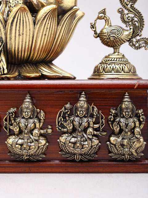 11" Superfine Ashtalakshmi Statues in Brass on Wood Base with Peacock Lamps