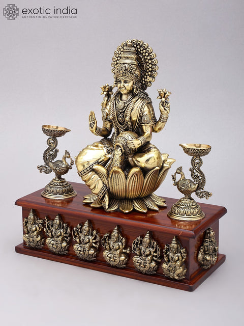 11" Superfine Ashtalakshmi Statues in Brass on Wood Base with Peacock Lamps