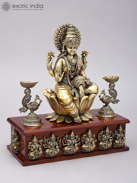 11" Superfine Ashtalakshmi Statues in Brass on Wood Base with Peacock Lamps