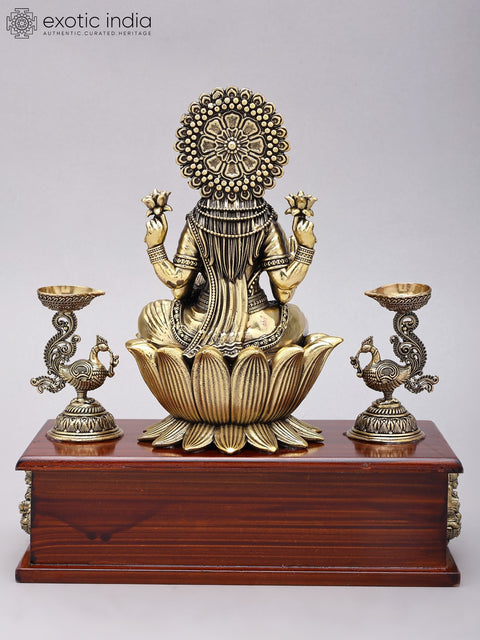 11" Superfine Ashtalakshmi Statues in Brass on Wood Base with Peacock Lamps
