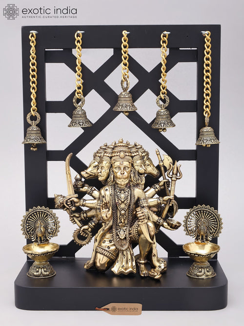 12" Ten Armed Panchamukhi Hanuman Brass Statue with Designer Wood Frame