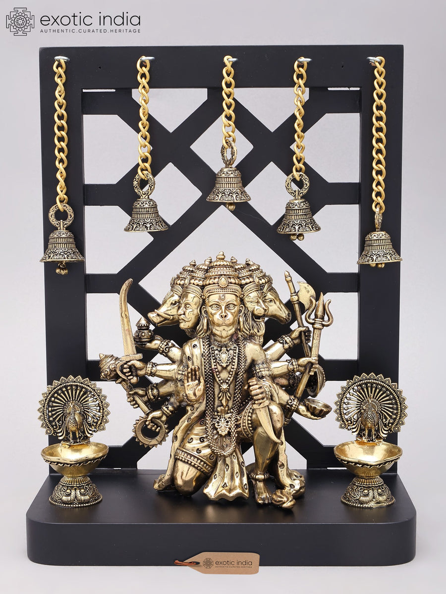 12" Ten Armed Panchamukhi Hanuman Brass Statue with Designer Wood Frame