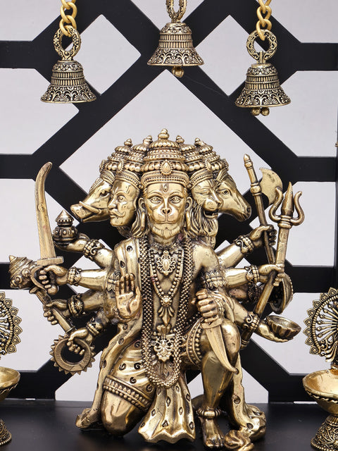 12" Ten Armed Panchamukhi Hanuman Seated on Designer Wood Frame