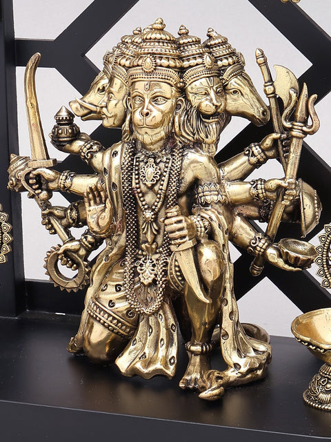 12" Ten Armed Panchamukhi Hanuman Seated on Designer Wood Frame