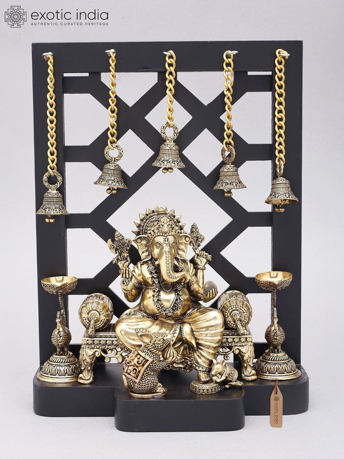 12" Superfine Lord Ganesha Brass Idol on Singhasan with Wood Frame