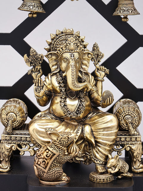 12" Superfine Lord Ganesha Seated on Singhasan | Designer Wood Framed Brass Sculpture