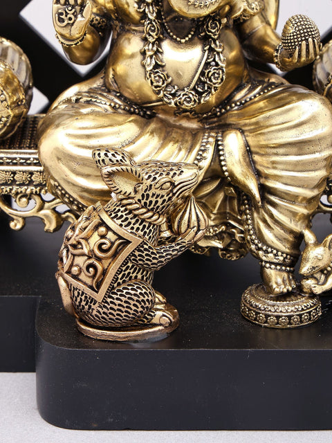 12" Superfine Lord Ganesha Seated on Singhasan | Designer Wood Framed Brass Sculpture