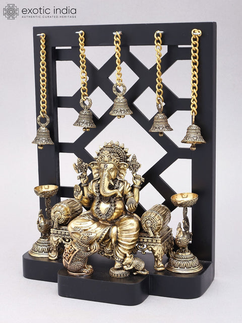 12" Superfine Lord Ganesha Seated on Singhasan | Designer Wood Framed Brass Sculpture