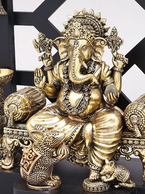 12" Superfine Lord Ganesha Seated on Singhasan | Designer Wood Framed Brass Sculpture