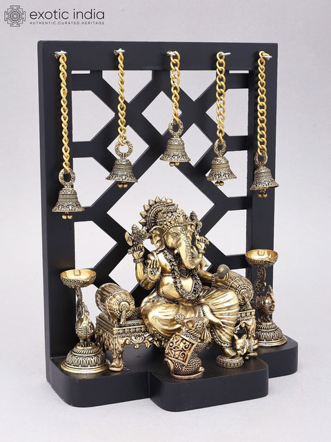 12" Superfine Lord Ganesha Seated on Singhasan | Designer Wood Framed Brass Sculpture