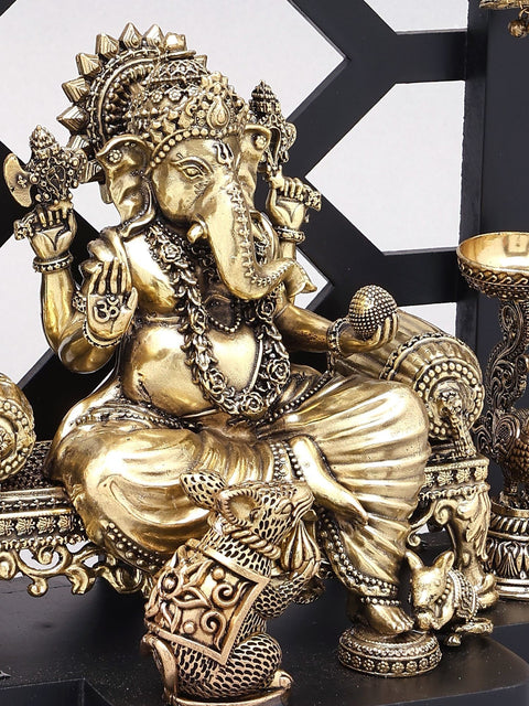 12" Superfine Lord Ganesha Seated on Singhasan | Designer Wood Framed Brass Sculpture