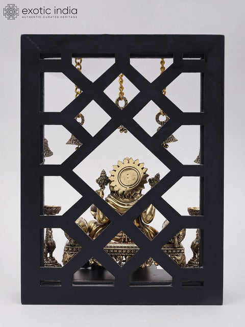 12" Superfine Lord Ganesha Seated on Singhasan | Designer Wood Framed Brass Sculpture