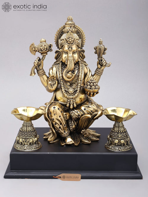 13" Brass Ganesha Blessing Statue with Wood Base Handmade