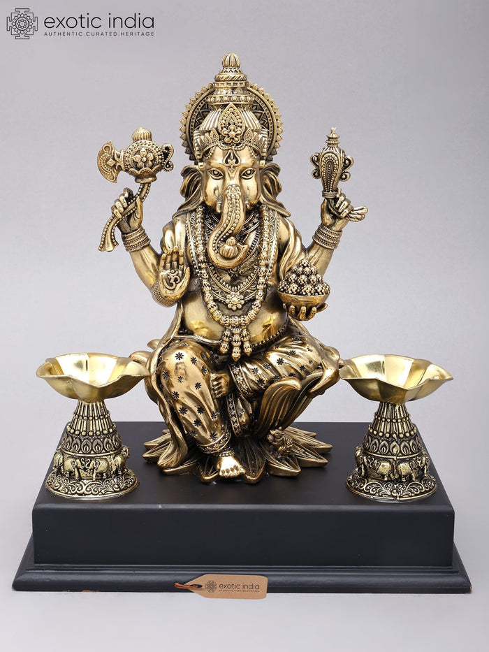 13" Brass Ganesha Blessing Statue with Wood Base Handmade