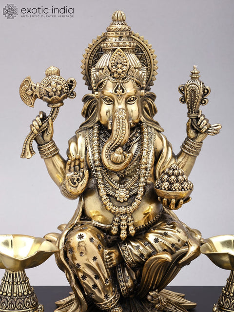 13" Superfine Blessing Ganesha Statue in Brass on Wood Base
