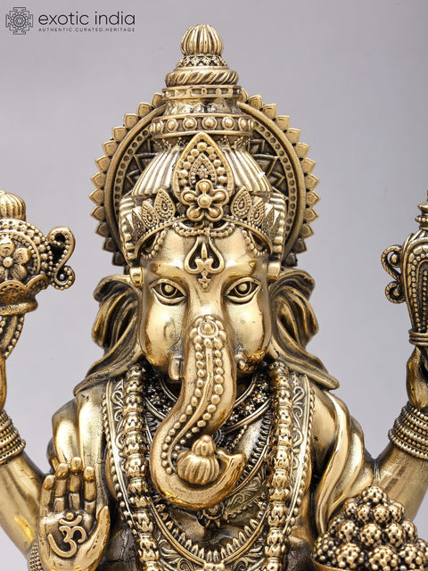 13" Superfine Blessing Ganesha Statue in Brass on Wood Base