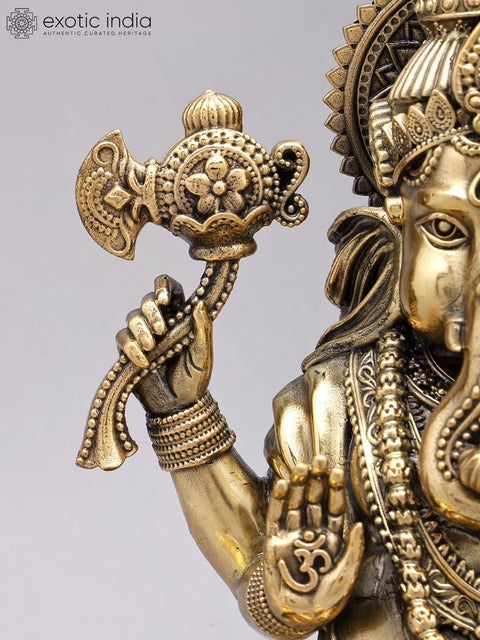 13" Superfine Blessing Ganesha Statue in Brass on Wood Base
