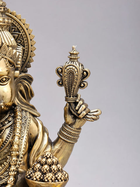 13" Superfine Blessing Ganesha Statue in Brass on Wood Base