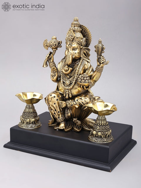13" Superfine Blessing Ganesha Statue in Brass on Wood Base