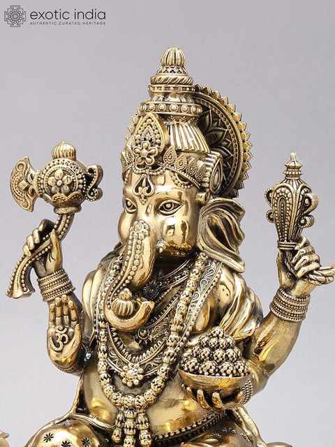 13" Superfine Blessing Ganesha Statue in Brass on Wood Base