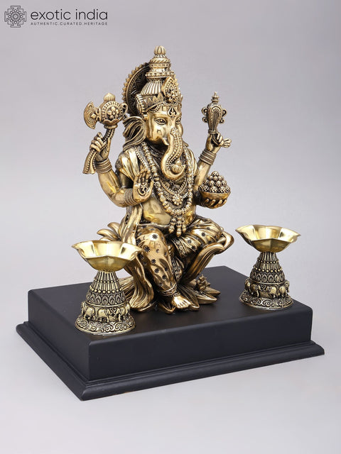 13" Superfine Blessing Ganesha Statue in Brass on Wood Base
