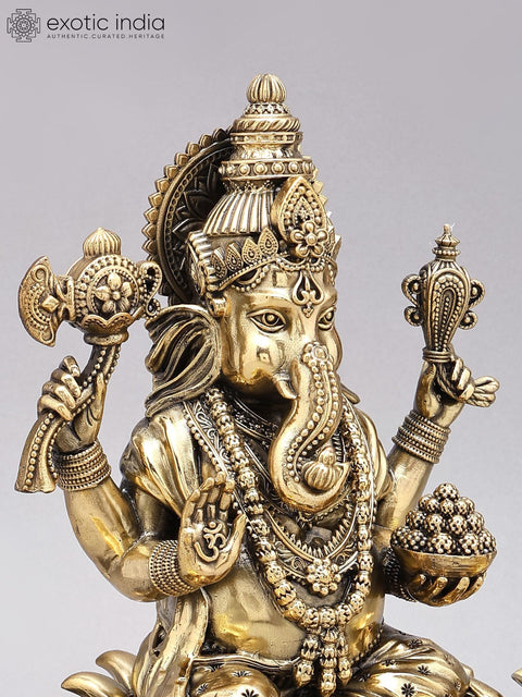 13" Superfine Blessing Ganesha Statue in Brass on Wood Base