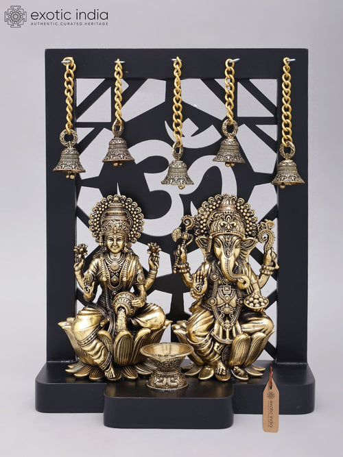 12" Handmade Sitting Lakshmi Ganesha Brass Statues with Wood Frame