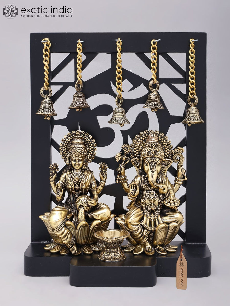 12" Handmade Sitting Lakshmi Ganesha Brass Statues with Wood Frame
