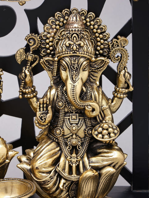 12" Superfine Sitting Lakshmi Ganesha | Wood Framed Brass Statues