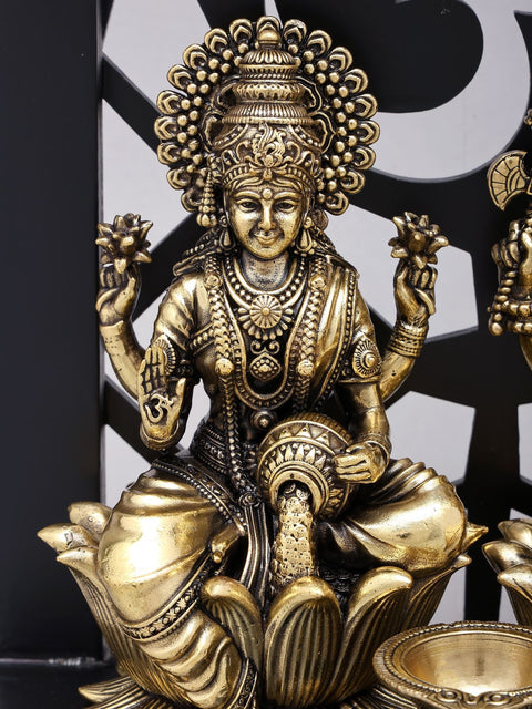 12" Superfine Sitting Lakshmi Ganesha | Wood Framed Brass Statues