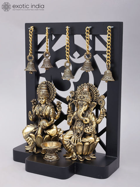 12" Superfine Sitting Lakshmi Ganesha | Wood Framed Brass Statues