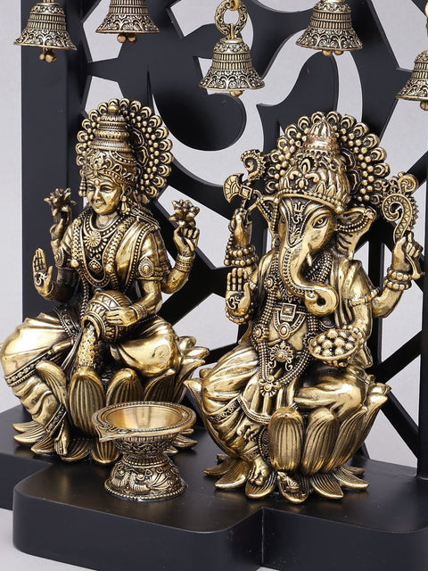 12" Superfine Sitting Lakshmi Ganesha | Wood Framed Brass Statues