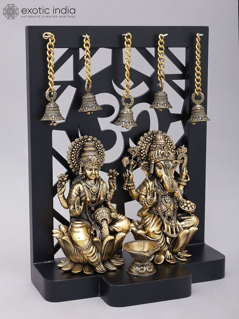 12" Superfine Sitting Lakshmi Ganesha | Wood Framed Brass Statues