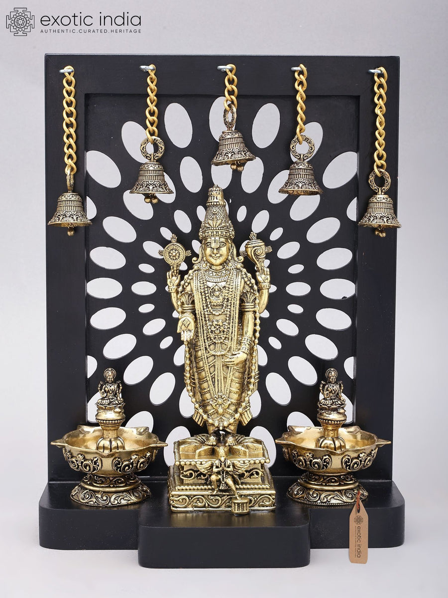 12" Brass Tirupati Balaji Statue with Wood Frame and Lakshmi Lamps