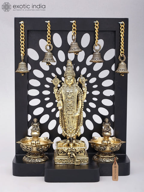 12" Designer Wood Framed Superfine Tirupati Balaji (Venkateshvara) Statue in Brass with Goddess Lakshmi Lamps