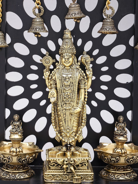12" Designer Wood Framed Superfine Tirupati Balaji (Venkateshvara) Statue in Brass with Goddess Lakshmi Lamps