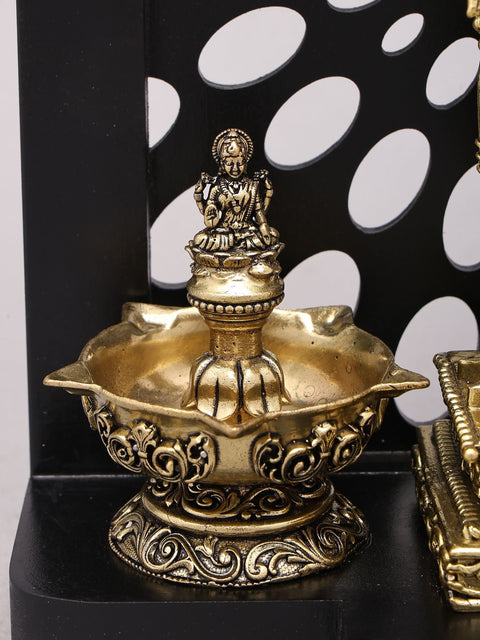 12" Designer Wood Framed Superfine Tirupati Balaji (Venkateshvara) Statue in Brass with Goddess Lakshmi Lamps