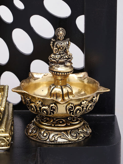 12" Designer Wood Framed Superfine Tirupati Balaji (Venkateshvara) Statue in Brass with Goddess Lakshmi Lamps