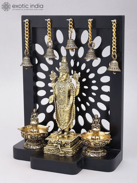 12" Designer Wood Framed Superfine Tirupati Balaji (Venkateshvara) Statue in Brass with Goddess Lakshmi Lamps