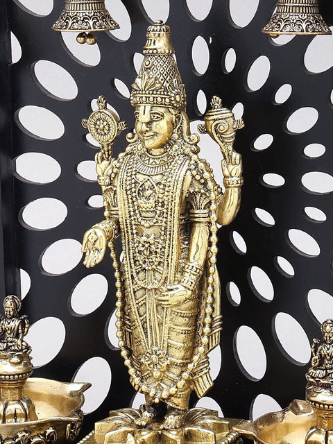 12" Designer Wood Framed Superfine Tirupati Balaji (Venkateshvara) Statue in Brass with Goddess Lakshmi Lamps