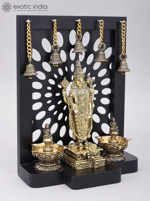 12" Designer Wood Framed Superfine Tirupati Balaji (Venkateshvara) Statue in Brass with Goddess Lakshmi Lamps