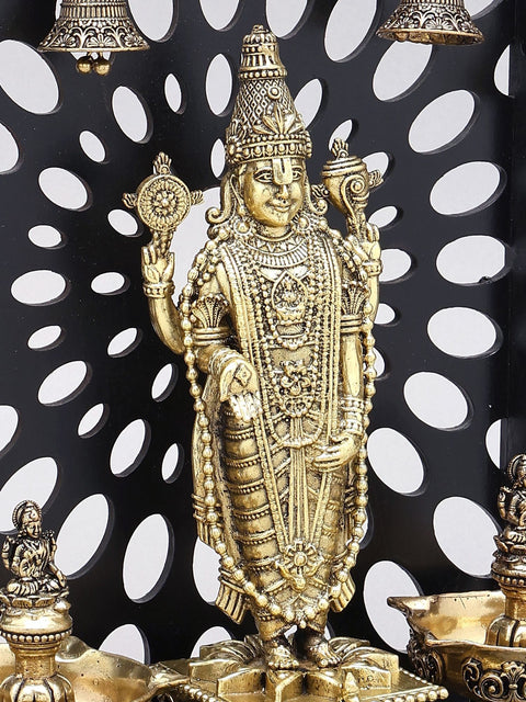 12" Designer Wood Framed Superfine Tirupati Balaji (Venkateshvara) Statue in Brass with Goddess Lakshmi Lamps