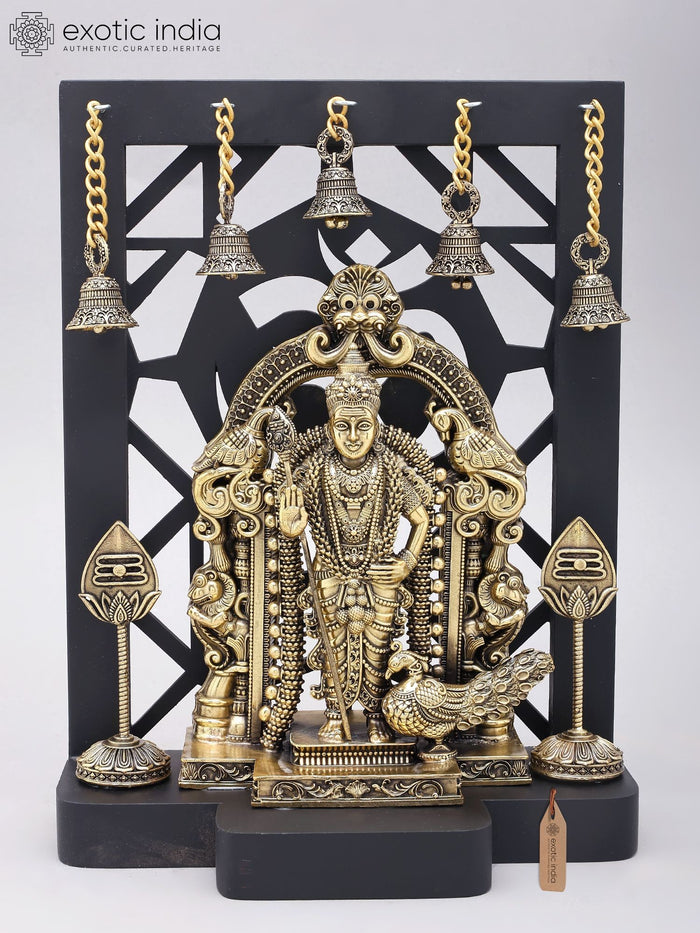 12" Handmade Brass Murugan Idol on Kirtimukha Throne with Wood Frame